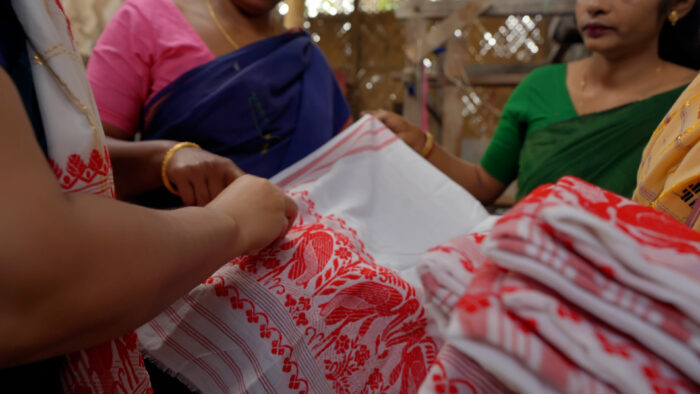 Making textiles featuring the greater adjutant stork, or "hargila," empower rural women with a source of income while raising awareness for the storks.