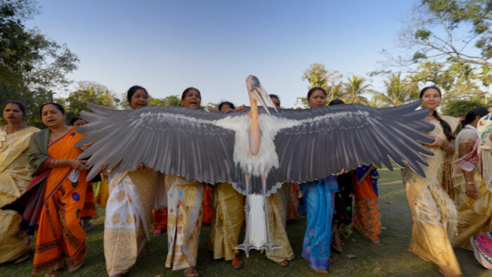 Women in Assam hold a large cutout of the greater adjutant stork, locally known as hargila.